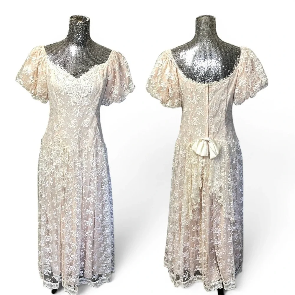 Vintage Scott McClintock Lace Prairie Cottagecore Puff Sleeve Formal Dress 14